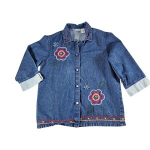 Bleu Bayou‎ Mens Medium Blue Denim Floral Embroidered Beaded 3/4 Sleeve Shirt M